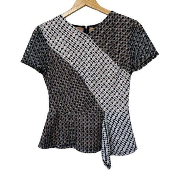 BCBGMaxAzria Kaleigh Top Black White Peplum Asymmetrical, Small - Picture 11 of 11
